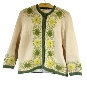 Vintage 60s Cream Green Wool Mid Century Floral Cardigan Button Up Sweater 44/L